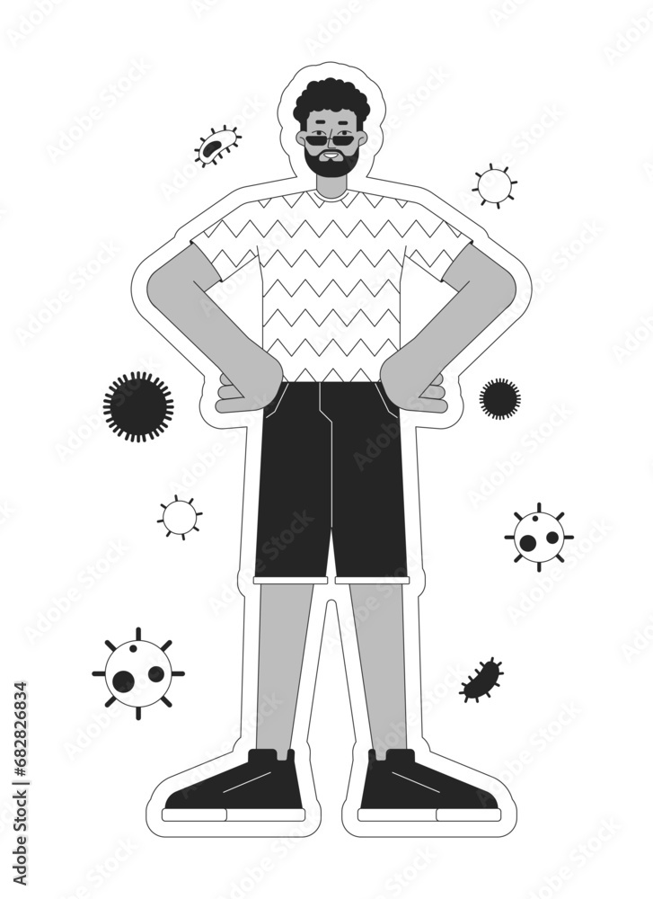 Boosting immune system black and white 2D illustration concept. Black adult man resistant cartoon outline character isolated on white. Protection against influenza virus metaphor monochrome vector art Boosting immune system black and white 2D illustration concept. Black adult man resistant cartoon outline character isolated on white. Protection against influenza virus metaphor monochrome vector art