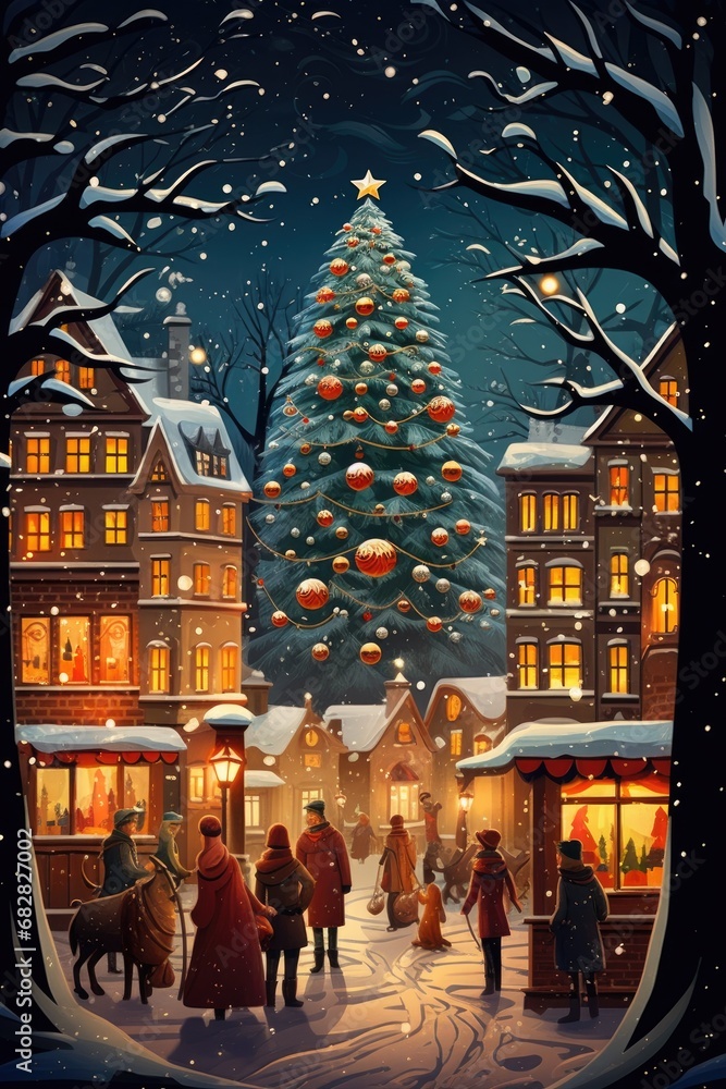 Festive Night Delight: Families Enjoying the Christmas Market with Glowing Decorations and Warm Colors in the Snowy Atmosphere Festive Night Delight: Families Enjoying the Christmas Market with Glowing Decorations and Warm Colors in the Snowy Atmosphere