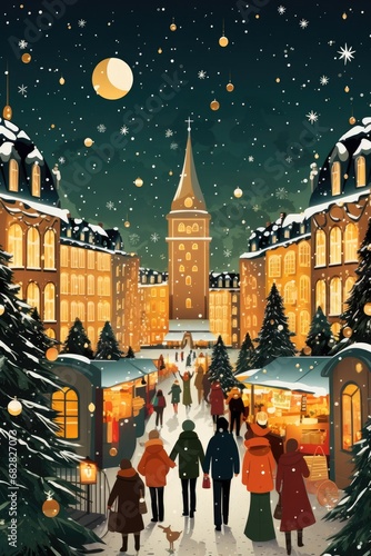 Festive Night Delight: Families Enjoying the Christmas Market with Glowing Decorations and Warm Colors in the Snowy Atmosphere