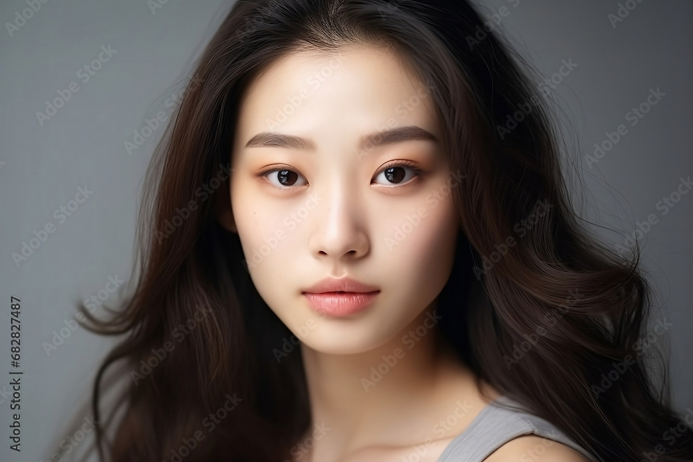 close-up of a beautiful woman, Korean model appearance, gaze directed forward, on a dark background, with gorgeous thick hair close-up of a beautiful woman, Korean model appearance, gaze directed forward, on a dark background, with gorgeous thick hair
