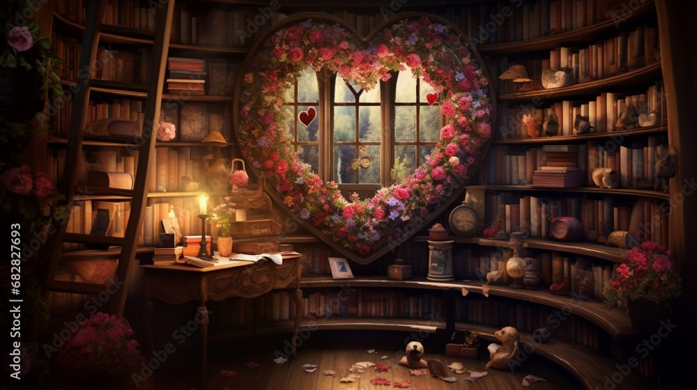 A corner with a heart-shaped bookshelf filled with romantic novels and poetry collections. - obrazy, fototapety, plakaty 