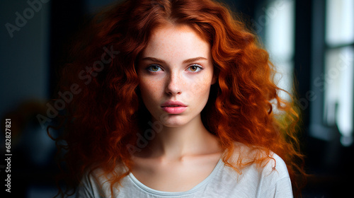 Young red-haired woman against the background of the room