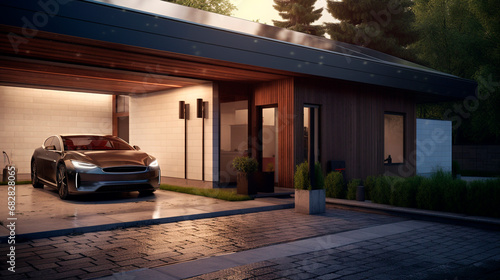 The car stands near the open garage of a private house in high-tech style photo
