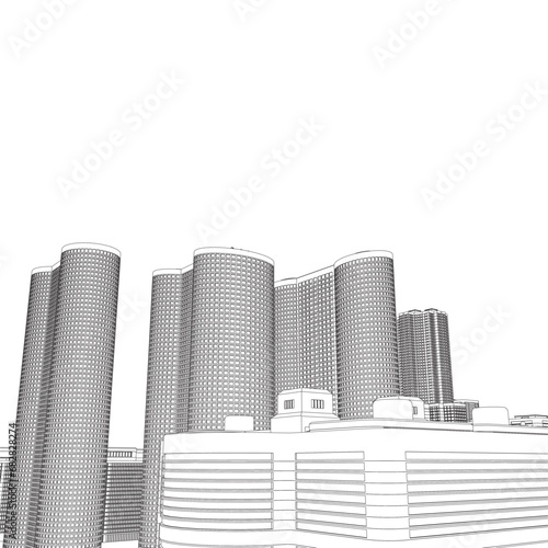 City buildings skyline of metropolitan outline. Town skyline line art vector illustration. Abstract modern urban landscape drawing background  architecture building construction perspective design. 3D