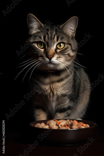 Fluffy cat sitting near the bowl of pet food on black background