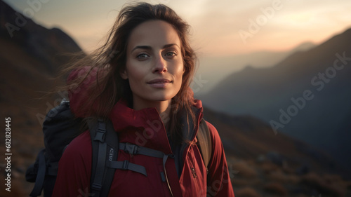 woman poses hiking at sunrise in the mountains