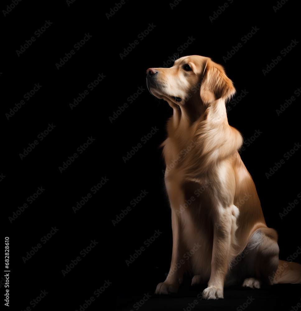Portrait of golden retriever dog looking up on black background with copy space Portrait of golden retriever dog looking up on black background with copy space