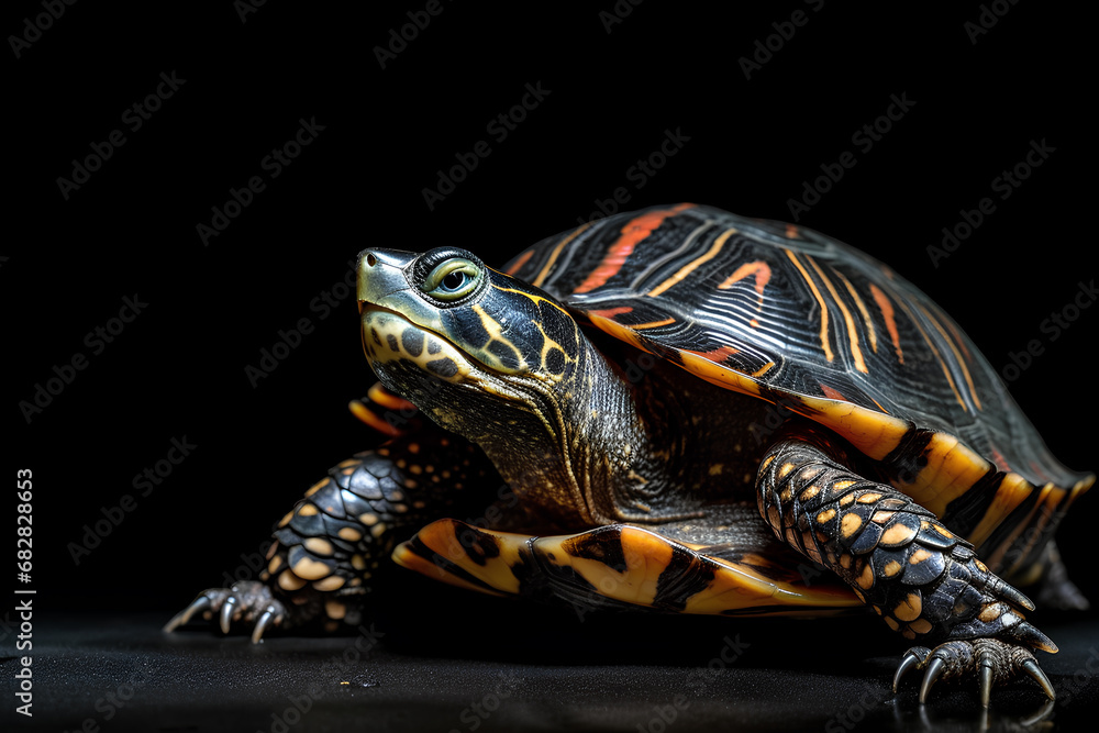 Obraz premium Close-up of turtle isolated on black background with copy space