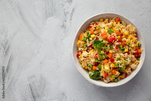 Homemade Veggie Fried Rice in a Bowl, top view. Flat lay, overhead, from above. Copy space.