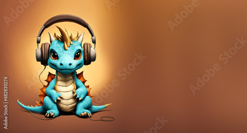 the symbol of the new year 2024  a dragon in musical headphones. winter holidays. artificial intelligence generator  AI  neural network image. background for the design.