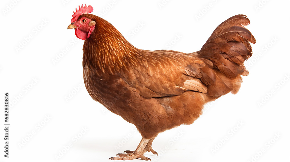 Fototapeta premium Brown Barnevelder chicken hen standing side ways looking to the left, isolated on white background. Made with generative ai