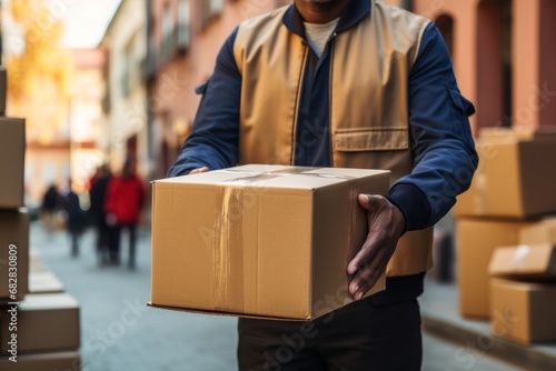 Close-up portrait of male delivery courier with cardboard box in a city street. Confident positive Caucasian mature man delivering parcel to a client. Logistic and delivery concept.