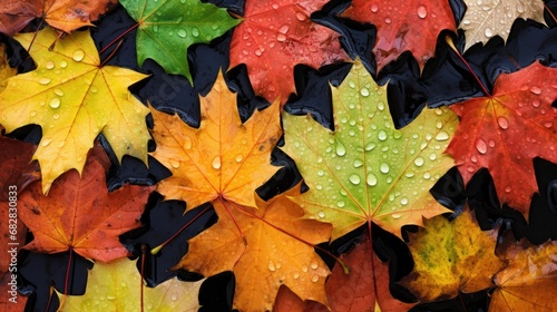 fresh and wet maple leaves scattered on the ground  seasonal artwork  nature-themed promotions