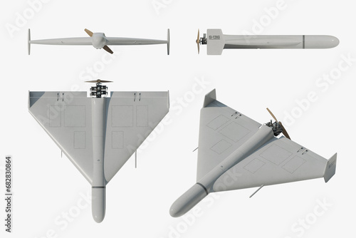 Shahed-136 (Geran-2) loitering munition drone: front, back, side and perspective view - 3d rendering