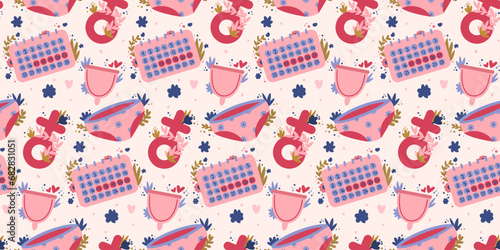 Women hygiene elements seamless pattern. Menstruation cycle, ucunderpants, sanitary pads, menstrual cup vector illustration
