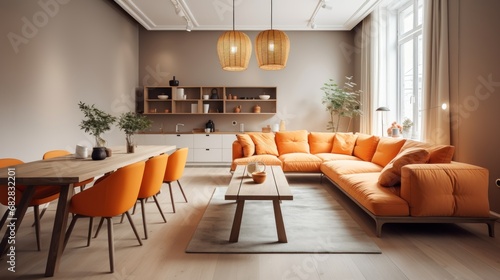 Interior of modern living room with orange sofa and orange armchairs. Modern Studio Apartment.