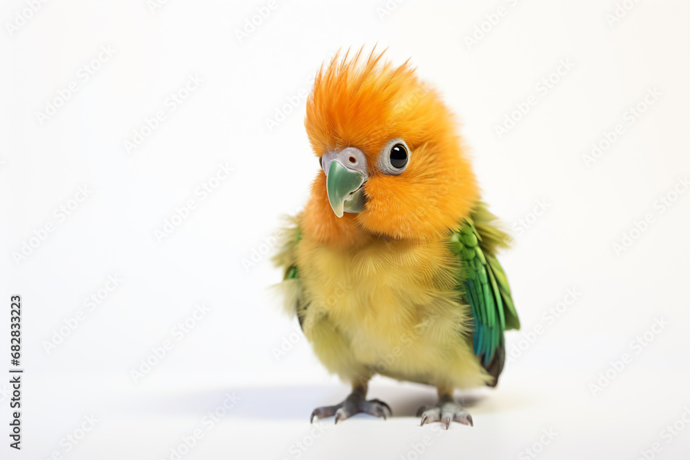 a yellow and green bird with a bright orange head