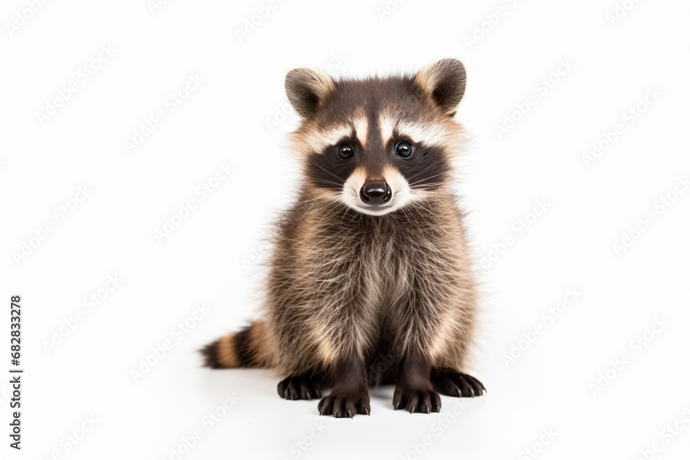 a raccoon sitting on a white surface looking at the camera