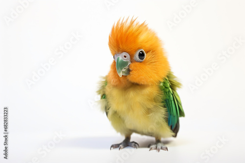 a yellow and green bird with a bright orange head