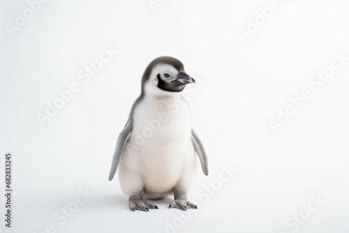 a penguin is standing on a white surface