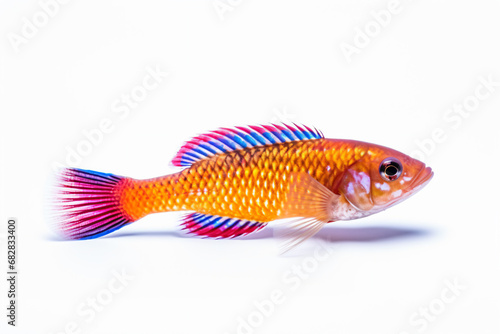 a fish with a colorful tail on a white surface