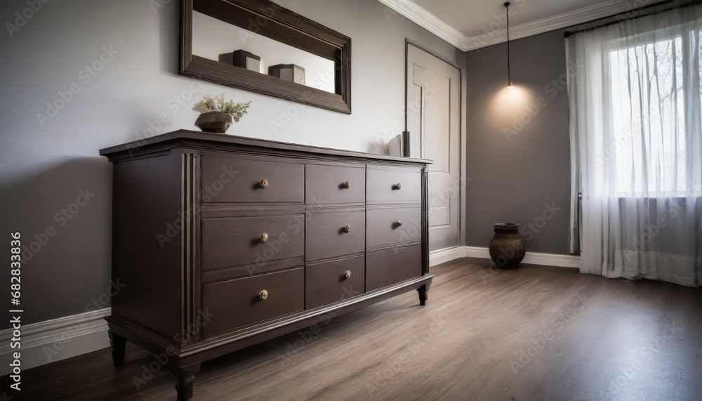 Fototapeta premium シンプルなブラウンのチェストのあるモダンな部屋 シンプルモダンインテリア