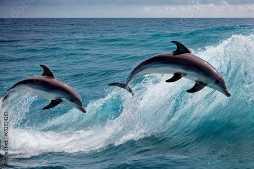 Photo of dolphins jumping in the ocean