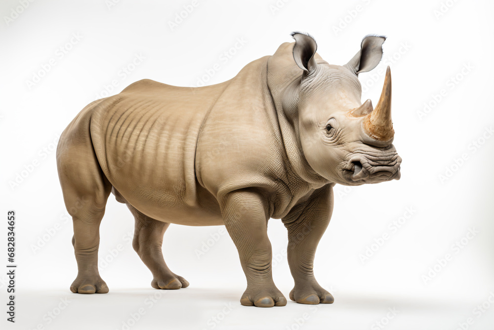 a rhino standing on a white surface with a white background