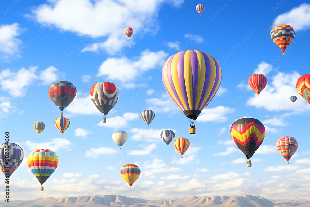 Balloons against clouds and sky, Mass Ascension, Albuquerque International Balloon Fiesta 3D rendering. generative ai. Balloons against clouds and sky, Mass Ascension, Albuquerque International Balloon Fiesta 3D rendering. generative ai.