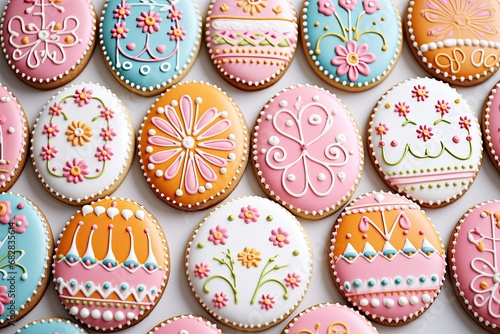Easter cookies decorated with icing, various shapes, close-up, white background