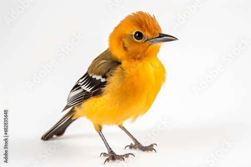 a small yellow bird with a black and white stripe on its chest