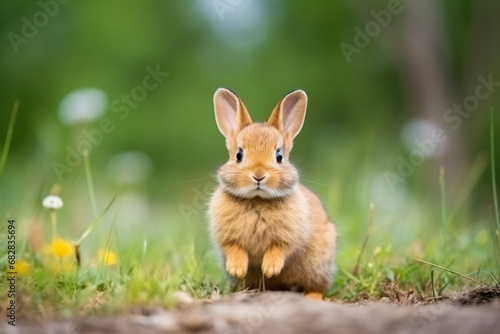 a small rabbit sitting in the grass near a tree