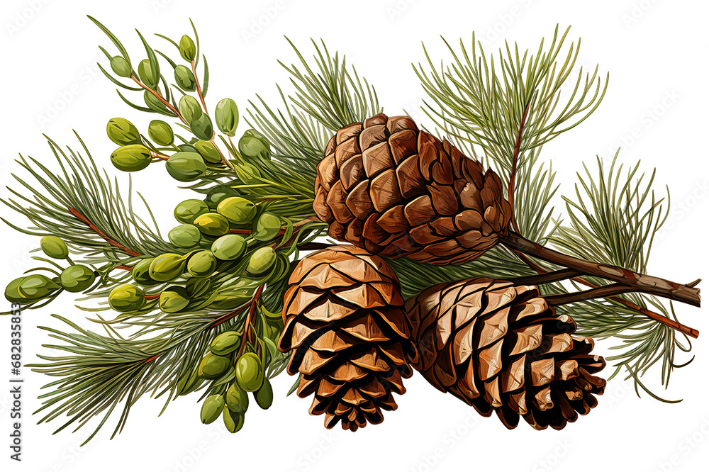 Fototapeta premium Christmas tree branch with pine cones and mistletoe isolated on PNG Background. Generative Ai.