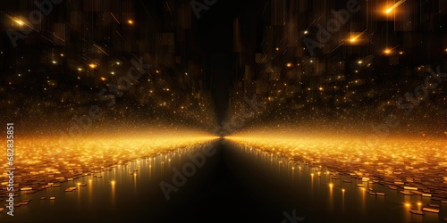 Golden elegance. Glowing abstract light with shimmering bokeh on magical christmas night. Celestial glow. Bright and shiny gold background with sparkling stars and luxurious decor © Bussakon