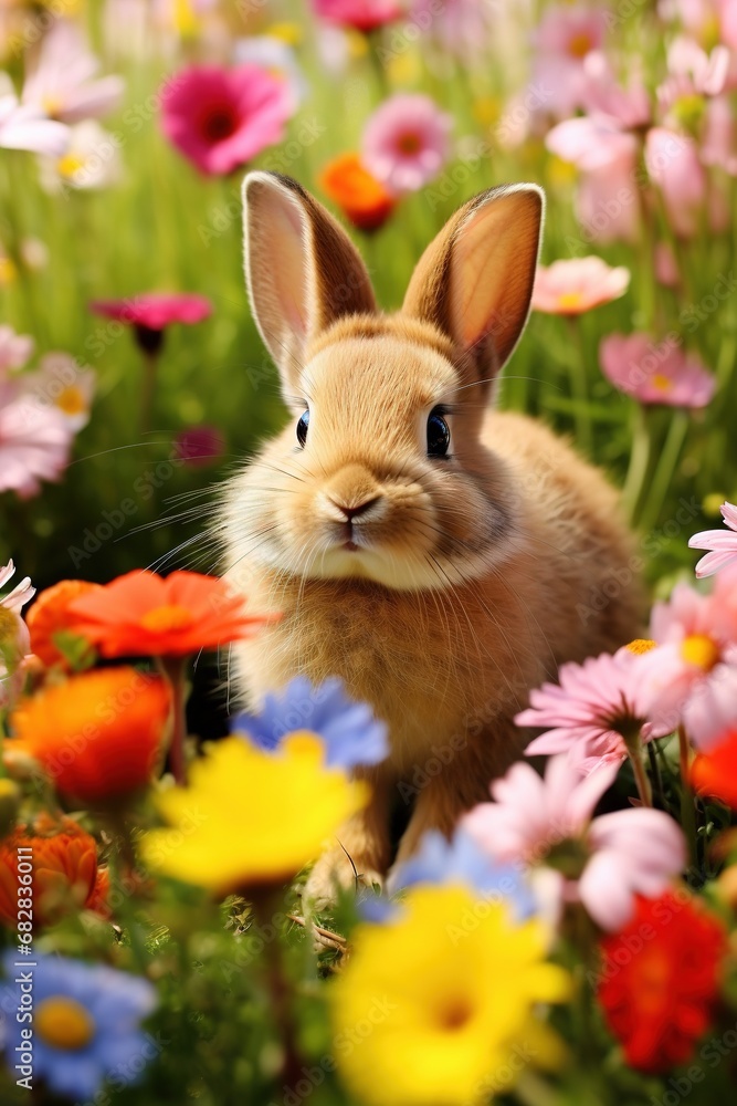 Easter bunny and colorful eggs on green grass with flowers background.