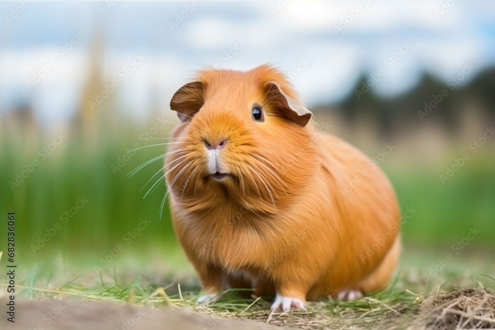 a small brown guinea standing on top of a grass covered field a small brown guinea standing on top of a grass covered field