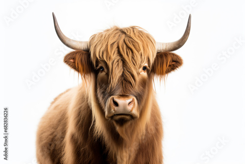 a brown cow with long horns standing in front of a white background