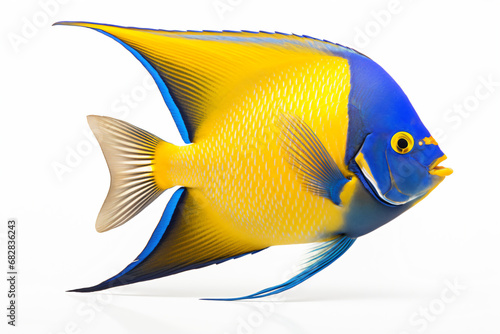 a blue and yellow fish on a white surface
