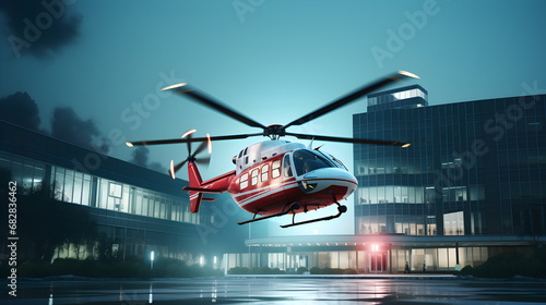 Red helicopter landing on helipad of the modern hospital or business centre building with cityscapes background photo