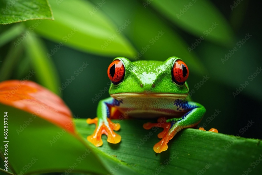 Naklejka premium Red-eyed tree frog (Agalychnis callidryas) on green leaf.