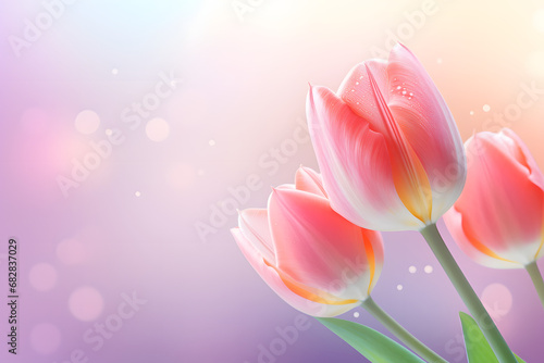  Closeup of blooming tulip flower in spring on pastel bokeh 3d rendring. generative ai. #682837029