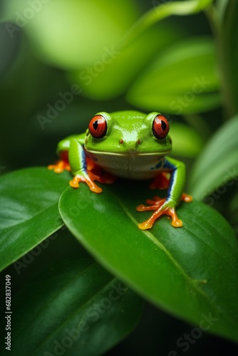 Red-eyed tree frog (Agalychnis callidryas) on green leaf. © Viewvie