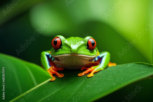 Red-eyed tree frog (Agalychnis callidryas) on green leaf. © Viewvie