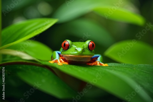 Red-eyed tree frog (Agalychnis callidryas) on green leaf.