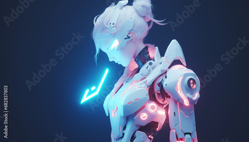 Futuristic cyborg robot neon. Smart city on head AI in image female cyborg or robot woman. Artificial intelligence, IOT technology,bionic in armor. neon light cyberpunk 3D design