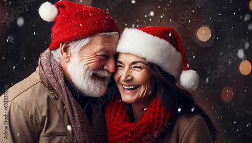 Portrait of two elderly people in love who are rejoicing at Christmas. The New Year is celebrated by old, joyful people.
