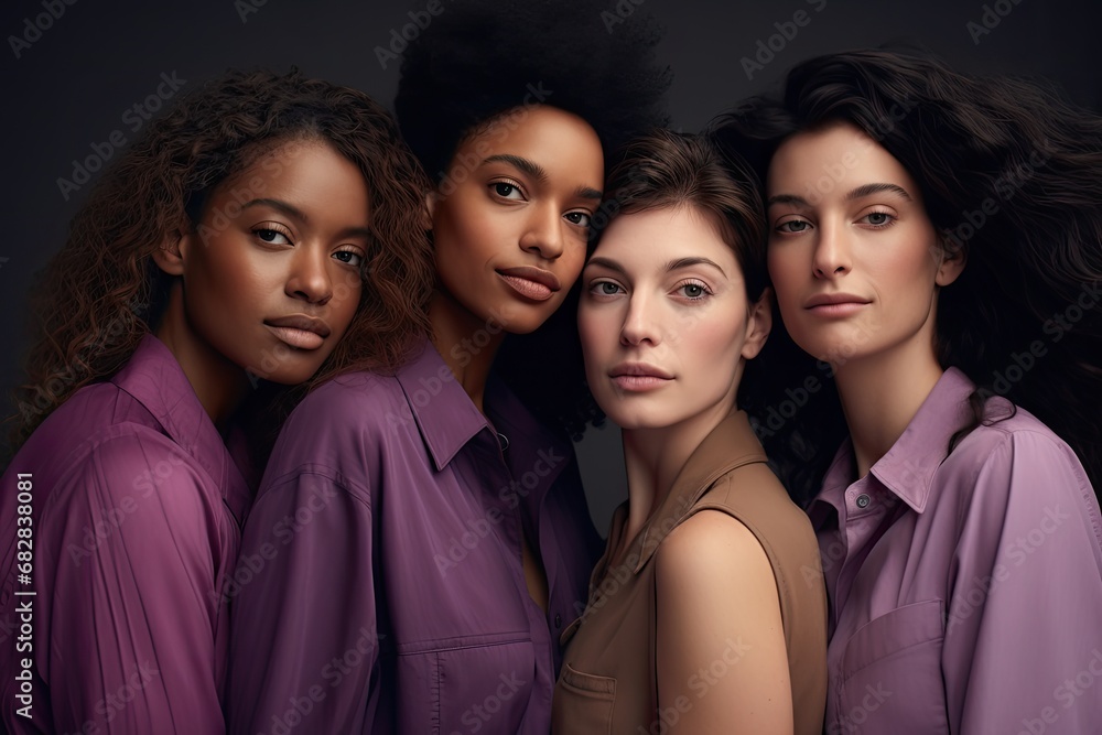Fototapeta premium Interracial women together with purple clothes