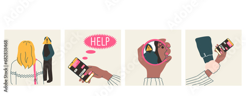 A set of illustrations about men's harassment of women, danger and violence