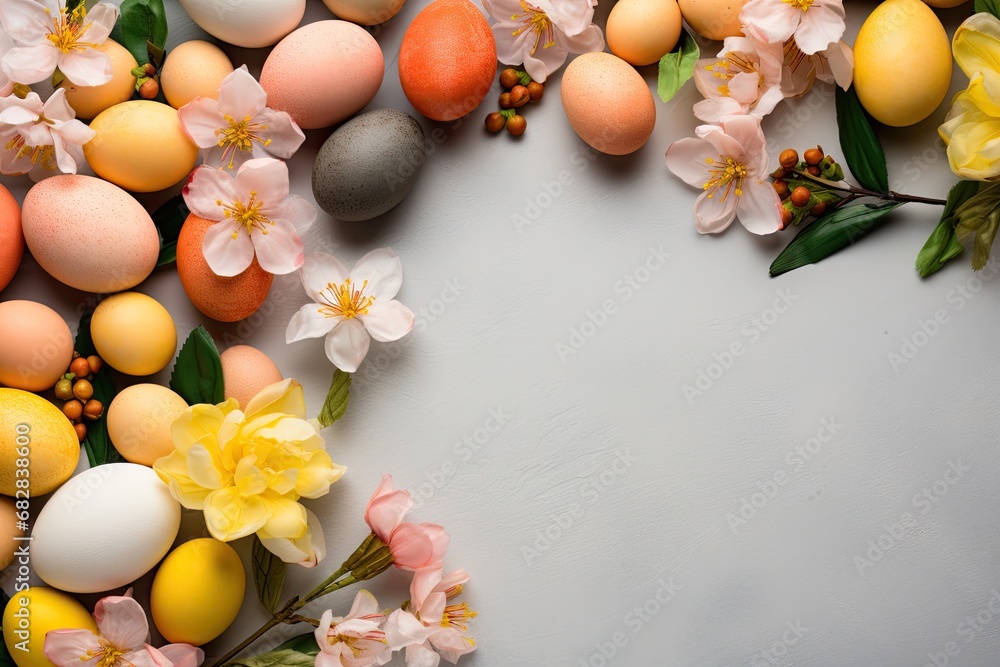 Easter background. Multi-colored eggs with spring flowers on a gray pastel background