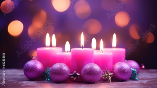 Purple Advent Wreath with Abstract Design, Multicolored Candles Emitting Soft, Hazy Glow and Sparkling Flames.